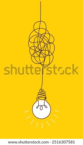 Confusion clarity or path concept idea with lightbulbs. Journey of tangled wires leading to a bright bulb. Business solutions searching. Vector illustration.