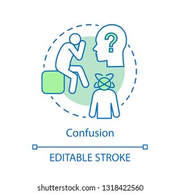 Icono de concepto de confusión. Ilustración en línea delgada de una idea de vergüenza. Persona insegura. Una vergüenza increíble. Falta de confianza. Hacer elección. Dibujo de contorno aislado del vector. Trazo editable