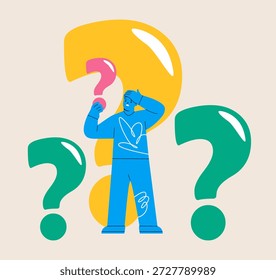 Confusion concept. Man surrounded by lots questions. Colorful vector illustration