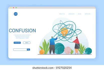 Confusion Concept With Tangle Of Wool Around A Light Bulb And A Man And Woman Trying To Unravel It In A Web Template Design, Colored Vector Illustration