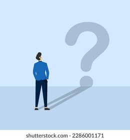 Confusion concept, uncertainty or self doubt, question to answer or find solution to solve problem concept, find meaning in life, curious businessman looking at self reflection as question mark.