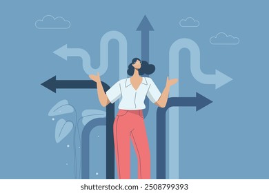 Confusion or decision about business approach, Difficult decision, Choosing the right direction, Finding the right business direction, Businesswoman thinking and making business decisions. Vector.