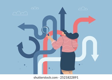 Confusion or decision about business approach, Choosing the right direction, Finding the right business direction, Businesswoman using magnifying glass to guide business and make business decisions.