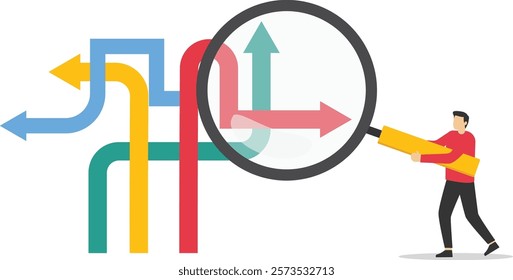 Confusion or decision about business approach, Choosing the right direction, Finding the right business direction, Businesswoman using magnifying glass to guide business and make business decisions.

