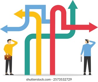 Confusion or decision about business approach, Difficult decision, Choosing the right direction, Finding the right business direction, Businessman thinking and making business decisions. Vector.

