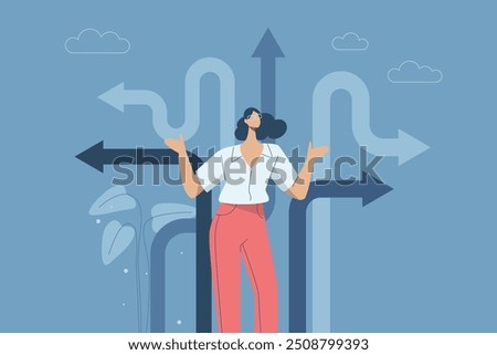 Confusion or decision about business approach, Difficult decision, Choosing the right direction, Finding the right business direction, Businesswoman thinking and making business decisions. Vector.