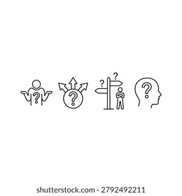 Confusion and Decision Making Concept Line Icon Set with Question Marks and Direction Arrows Isolated on White Background Editable Vector Solid Illustration