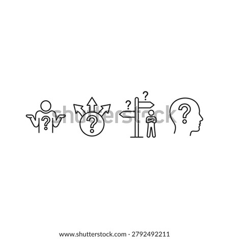 Confusion and Decision Making Concept Line Icon Set with Question Marks and Direction Arrows Isolated on White Background Editable Vector Solid Illustration