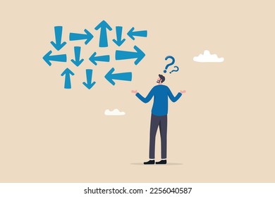 Confusion, frustration or decision making, mess, dilemma or complicated problem, lack of understanding, uncertain concept, confused frustrated businessman look at direction arrows with question marks.