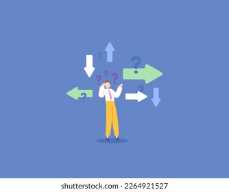 confusion and frustration to make decisions, lack of understanding, dilemmas in solving complex problems. a businessman wonders about the right direction of the road of life. hesitate to set a goal.