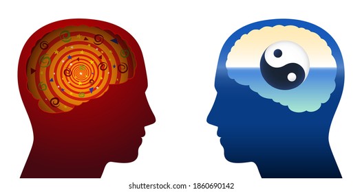 Confusion and harmony comparison, with a confused, flustered, puzzled, addled, chaotic, messy brain and one with a Yin Yang symbol, balanced, harmonic, relaxed, meditating, tranquil, spiritual person.