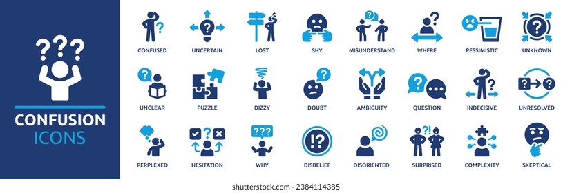 Confusion icon set. Containing confused, uncertain, lost, unclear, misunderstand, hesitation, ambiguity, perplexed and more. Solid vector icons collection.