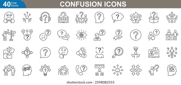 Confusion icons set. Representing uncertainty, puzzlement, ambiguity, visualizing doubt, misunderstanding, complex situations spiral eyes and more. Vector illustration