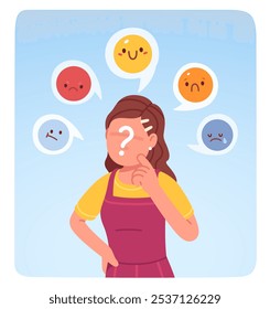 Confusion or indecision in understanding feelings. Emotion face expression choice of person. Woman choosing between different moods, happy, sad, angry feeling. Mental health psychology concept vector