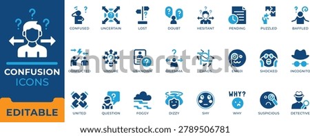 Confusion and mental state icon set. Uncertainty, decision making, dilemma, doubt, problem solving, lost, question mark and psychology vector symbols.