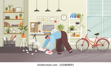 Confusion and mess. Stressed man office worker dropped papers. Tired confused worker stands at table and picks up scattered documents from floor. Home office workplace with computer and bike at window