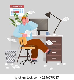 Confusion and mess. Stressed man office worker spreading papers. Tired confused worker sits at table and scaredly holding his hand over his head. Home office workplace with computer and chaos