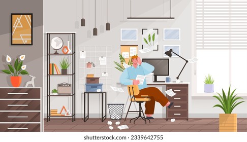 Confusion and mess. Stressed man office worker spreading papers. Tired confused worker sits at table and scaredly holding his hand over his head. Home office workplace with computer and chaos