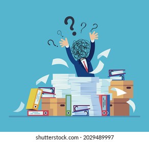 Confusion and mess. Stressed man working in office. Workplace with papers or folders. Tired confused worker sits at table. Tangled cords head and question signs. Vector illustration