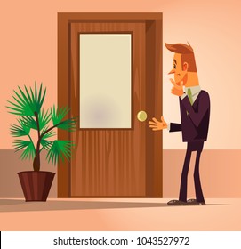 Confusion office worker man character standing near closed door and thinking. Vector flat cartoon illustration