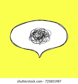 Confusion. Speech Bubble With Tangled Thoughts. Hand Drawn Speech Bubble In Comic Style On Yellow Background.