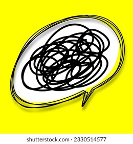 Confusion. Speech yellow bubble with tangled thoughts. Hand drawn speech bubble in comic style on yellow background.