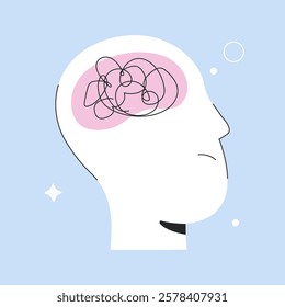 Confusion and tangled thoughts in human head, looks like brain concept. Anxious person suffering from chaotic thinking, personality disorder and overload in mind, flat vector isolated illustration