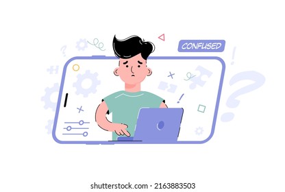 Confusion theme. Confused boy works at the computer. Element for the design of presentations, applications and websites. Trend illustration. Vector illustration