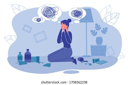 Confusion Thought and Longing Feeling, Depression. Girl’s Room Mess, Medicine Scattered and Frame Hang Crookedly. Her Thought Confused, she Feel Anxiety and Sadness, Woman Covered her Face with Hand.