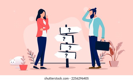 Confusion - Two people man and woman standing looking at signpost with question mark scratching head and wondering. Choices and decision making concept, flat design vector illustration