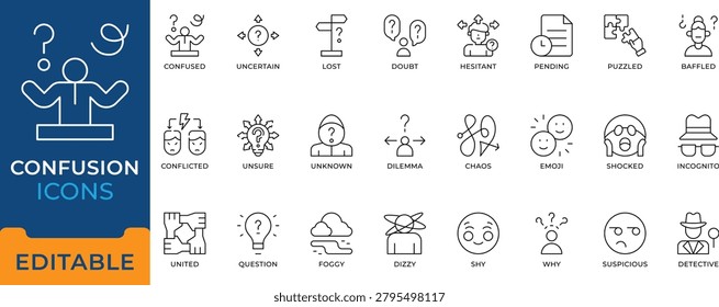 Confusion Uncertain Doubt Puzzled Baffled Dilemma Chaos Icon Set - editable vectors for business problem solving, psychology, and complex decision.