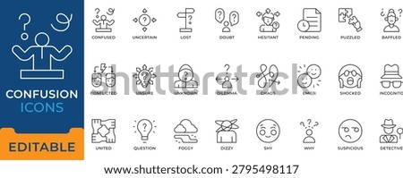 Confusion Uncertain Doubt Puzzled Baffled Dilemma Chaos Icon Set - editable vectors for business problem solving, psychology, and complex decision.