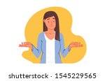 Confusion, uncertainty, doubt concept. Puzzled young woman shrugging shoulders, perplexed girl showing doubt gesture with embarrassed face, lady wondering question answer. Simple flat vector