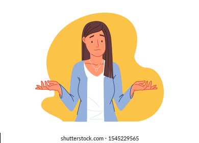 Confusion, uncertainty, doubt concept. Puzzled young woman shrugging shoulders, perplexed girl showing doubt gesture with embarrassed face, lady wondering question answer. Simple flat vector