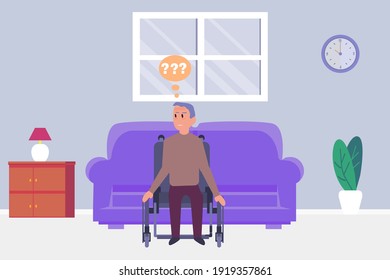 Confusion vector concept: Old man sitting on the wheelchair while feeling confused with questions mark over his head