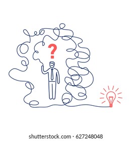 Confusion. Vector illustration of businessman finding solution in labyrinth to new idea | modern flat design linear concept icon and infographic blue and red on white background