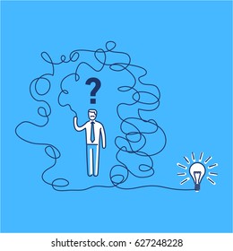 Confusion. Vector illustration of businessman finding solution in labyrinth to new idea | modern flat design linear concept icon and infographic on blue background