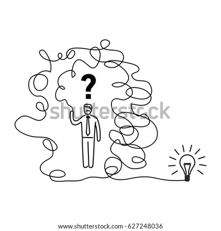 Confusion. Vector illustration of businessman finding solution in labyrinth to new idea | modern flat design linear concept icon and infographic black on white background
