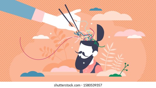 Confusion vector illustration. Mixed thoughts in flat tiny persons concept. Mind uncertainty from difficult choice decisions. Symbolic embarrassment with open head and chopsticks in information chaos.