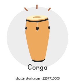 Conga clipart cartoon style. Simple cute brown wooden conga Cuban percussion musical instrument flat vector illustration. Percussion instrument conga hand drawn doodle style. Conga vector design