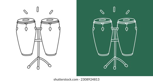 Conga drums line drawing vector design. Percussion instrument congas clipart drawing in linear style isolated on white and chalkboard background. Musical instrument clipart concept