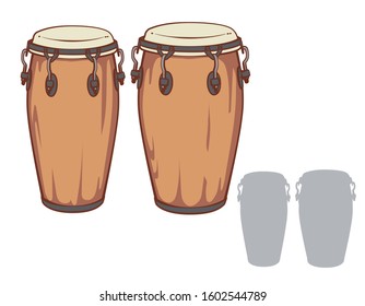 Conga drums and it's silhouette set. Vector illustration.	