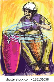 Conga player. Colored drummer in expressive outlines with colored background. /// Vector description: contours in shades of gray and black, editable in 9 layers.