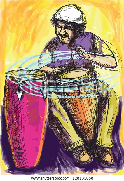Conga player. Colored\
drummer in expressive outlines with colored background. /// Vector\
description: contours in shades of gray and black, editable in 9\
layers.
