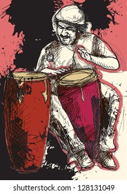 Conga player. Drummer in expressive outlines in front of colored background in red and black. /// Vector description: contours in shades of gray and black, editable in 7 layers.