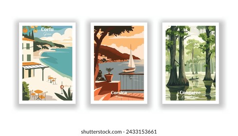 Congaree, National Park. Corfu, Greece. Corsica, France - Set of 3 Vintage Travel Posters. Vector illustration. High Quality Prints