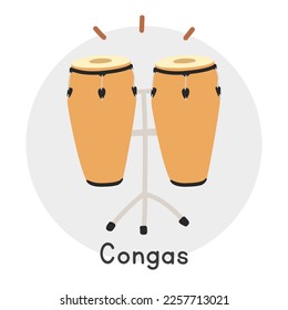 Congas clipart cartoon style. Simple cute brown wooden conga Cuban percussion musical instrument flat vector illustration. Percussion instrument conga hand drawn doodle style. Congas vector design