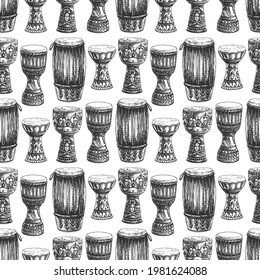 congas, darbuka, djembe, percussion set, congo, djembe, darbuka, cuban drum, cup drum, national symbol of egyptian music shaabi, west african drum, graphic illustration,  black on white,seamless patte