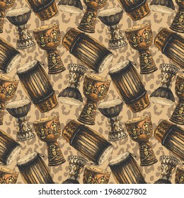 Congas, darbuka, djembe, seamless pattern, leopard skin, cuban, west african drums, tools set on brown background wild animal skin with dark spots