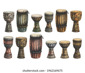 congas high cuban drum, instrument, hand percussion, membranophone, darbuka, cuban drum, national symbol of egyptian music shaabi, djembe, west african drum, hand drawing, colorful, isolate